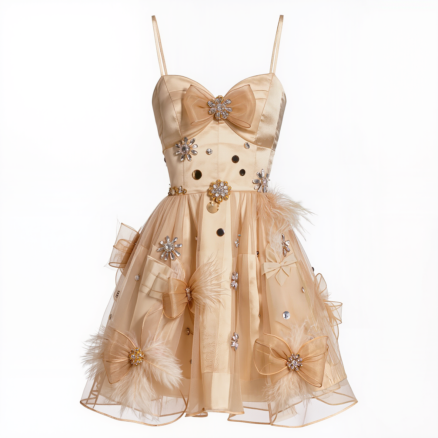 Elara Crystal & Feather Bow Mini Dress