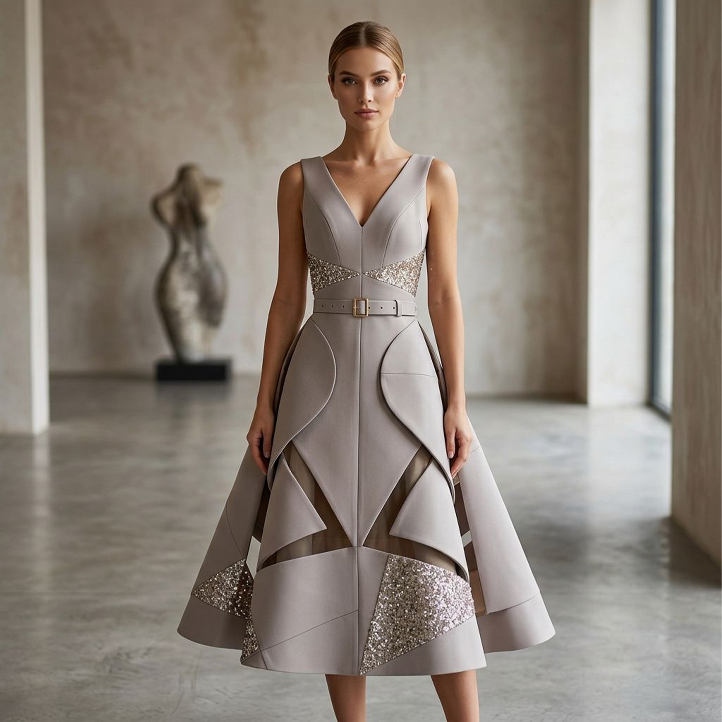 Lumière Belted Crystal Midi Dress