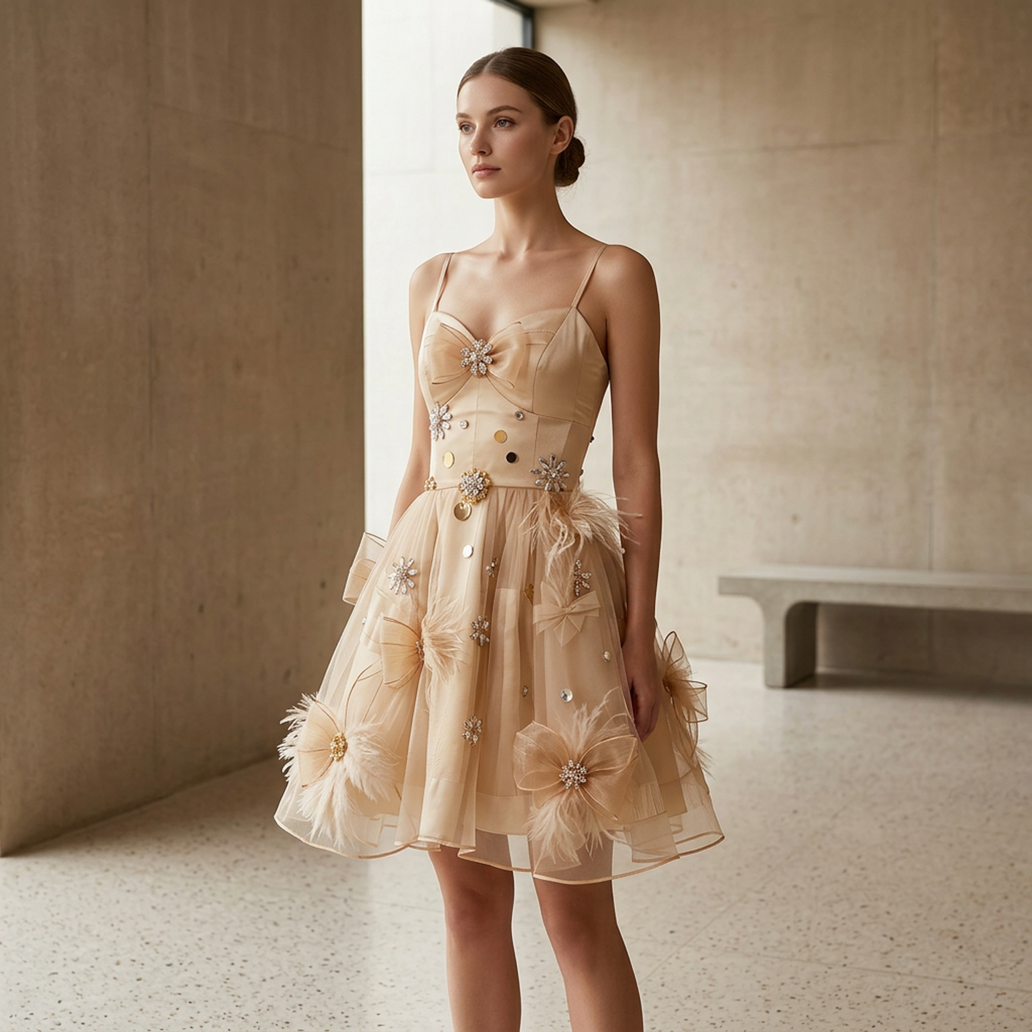 Elara Crystal & Feather Bow Mini Dress