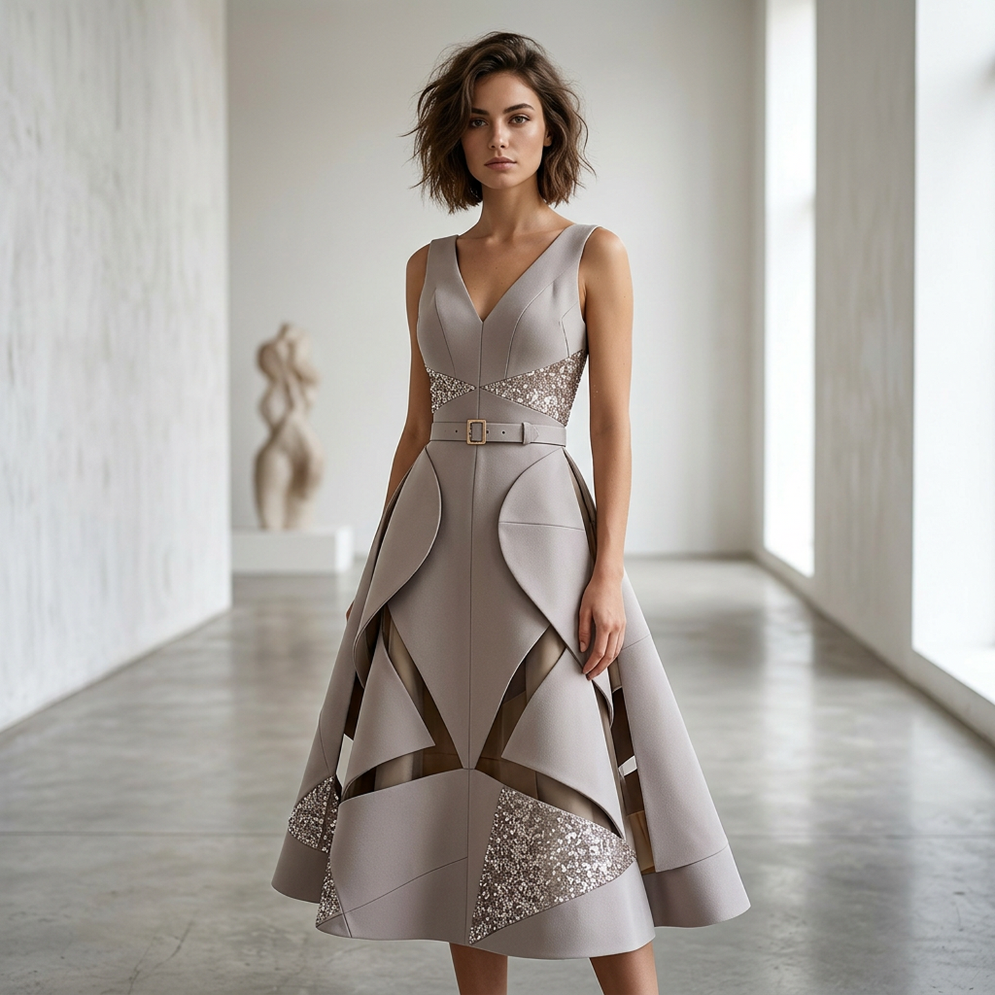 Lumière Belted Crystal Midi Dress