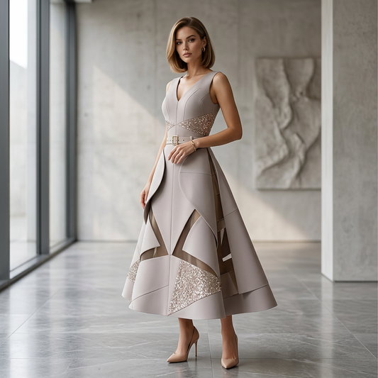 Lumière Belted Crystal Midi Dress